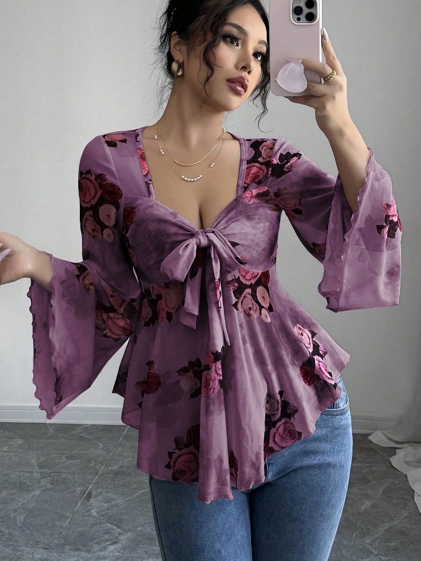 Sweet Floral Ombre Tie-Back Square Neck Long Sleeve Blouse