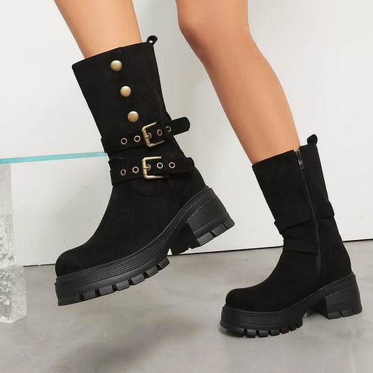 Damen Stiefeletten mit dicker Sohle und High Heel, Punk-Style mit Gürtelschnalle