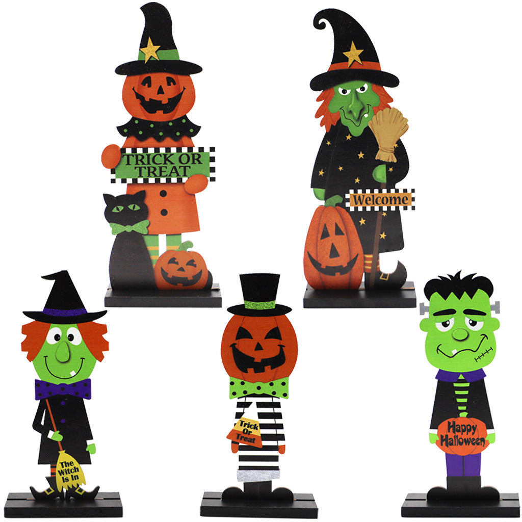 Halloween Tischdeko aus Holz mit Kürbismann und Hexe – Ansicht 4