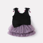 Bow Knit Vest and Mesh Skirt Two-Piece Set for Baby Girls Casual Cool Style
