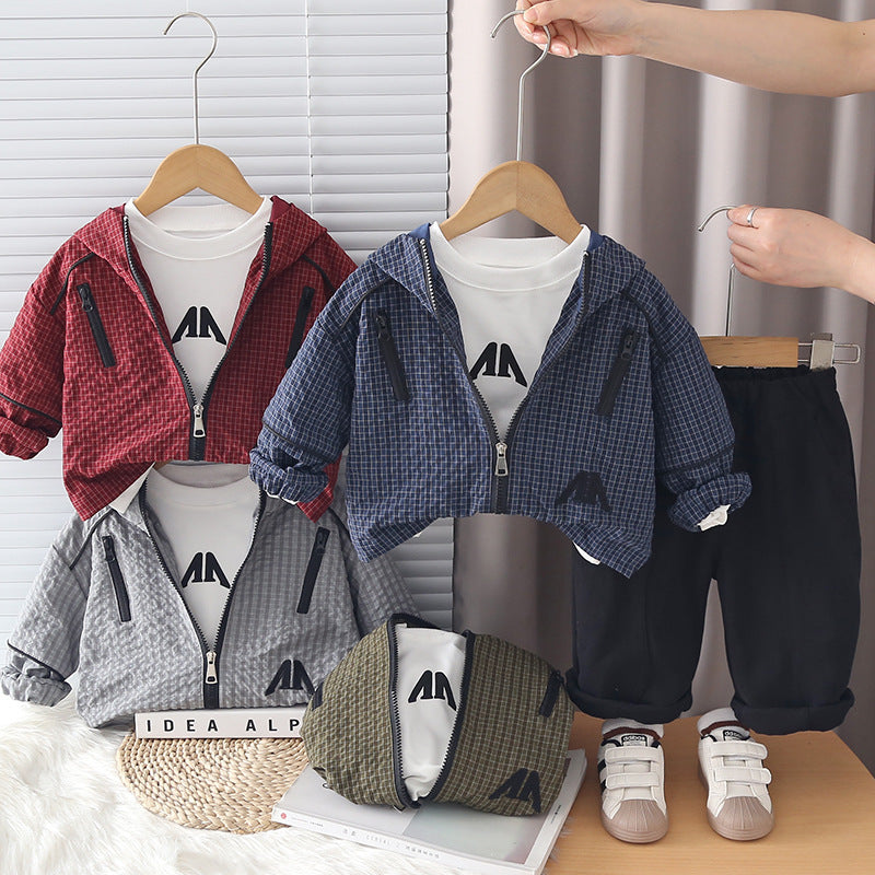 Baby Spring and Autumn hooded sports long sleeved three piece set