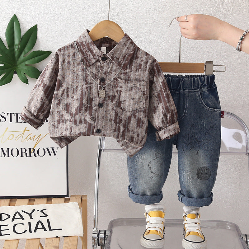 Spring and Autumn striped shirt long sleeved two-piece set