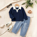 Boy's Set Polo Long Sleeve Denim Pants Two-Piece Set