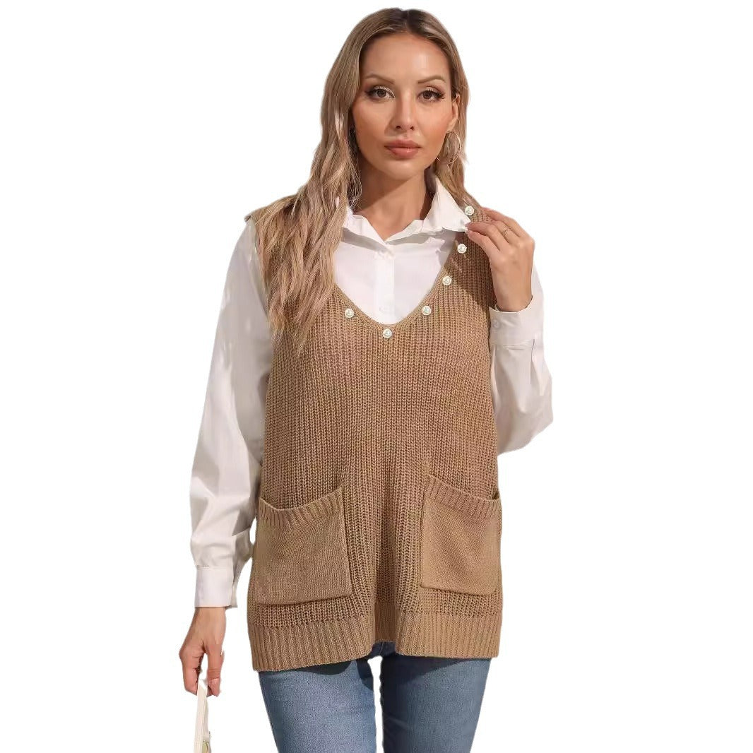 Damen-Weste mit Doppeltasche, Patchwork, V-Ausschnitt, ärmellos mit Perlenbesatz