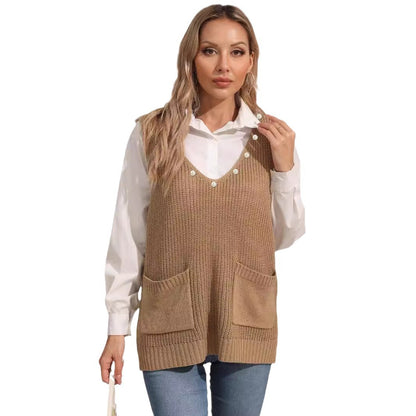 Damen-Weste mit Doppeltasche, Patchwork, V-Ausschnitt, ärmellos mit Perlenbesatz