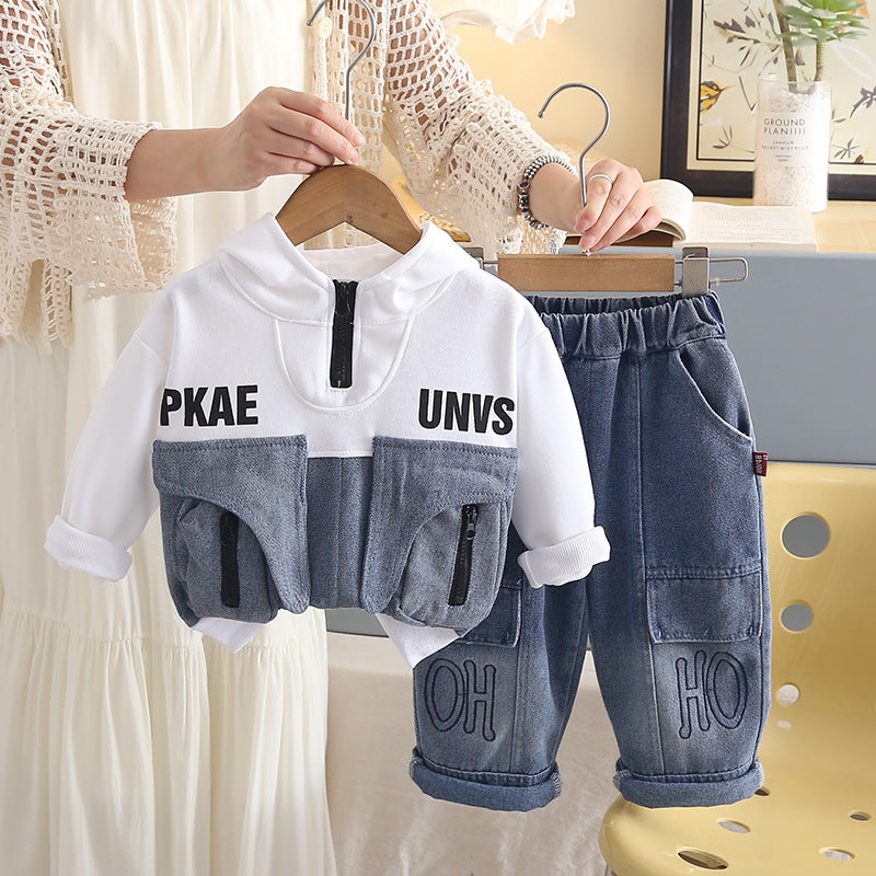 Casual children's half zip hooded long sleeved two-piece set
