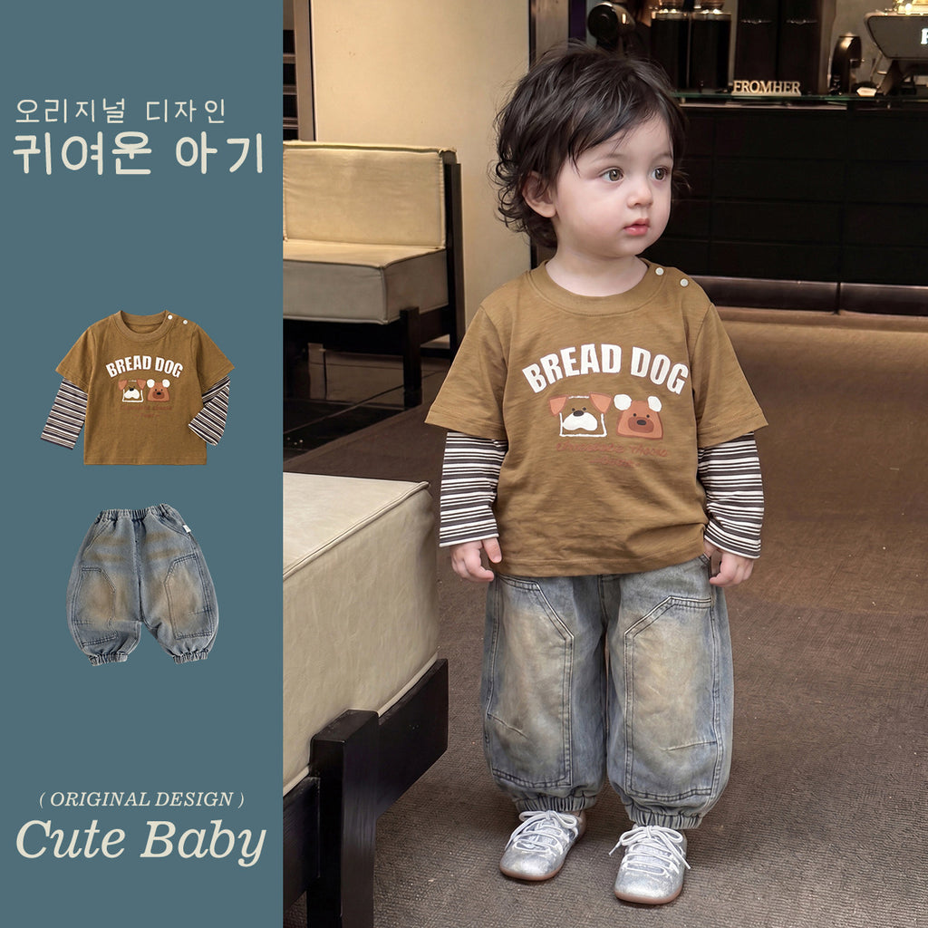 Two-Piece Striped Top Retro Denim Pants Two-Piece Set Wear