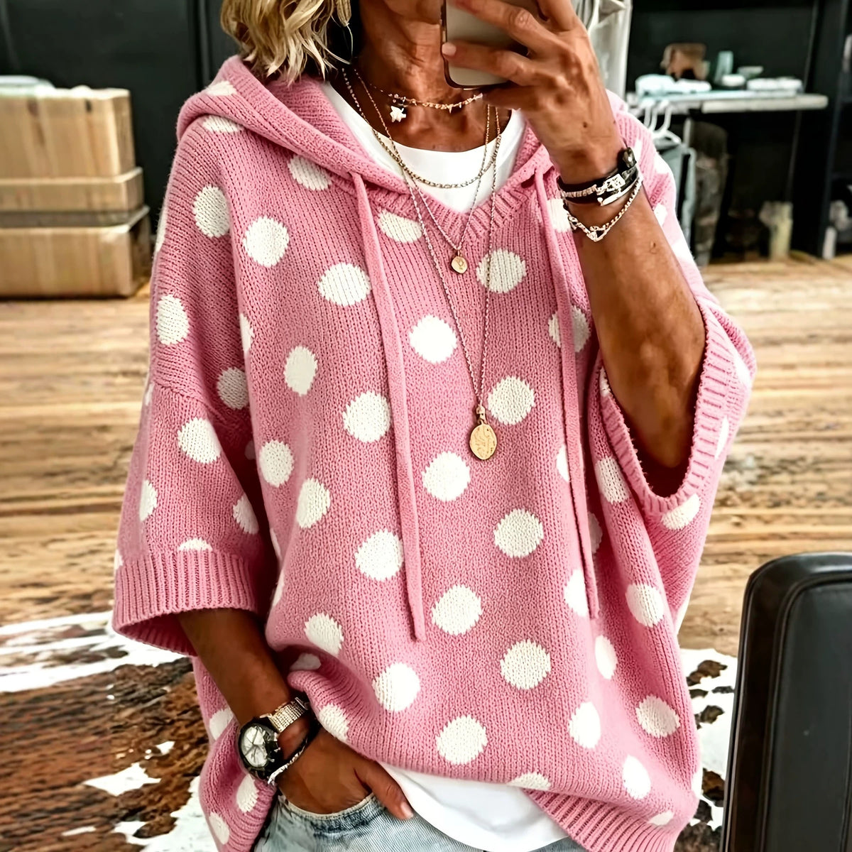 Damen Kapuzenpullover mit Punktemuster, Wollmix