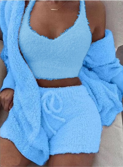3-teiliges Damen Schlafanzug Set – Langarm Crop Top & Shorts – Ansicht 12