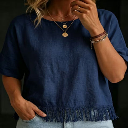 Damen Rundhals Kurzarm Quasten Baumwoll-Leinen Bluse – Ansicht 5