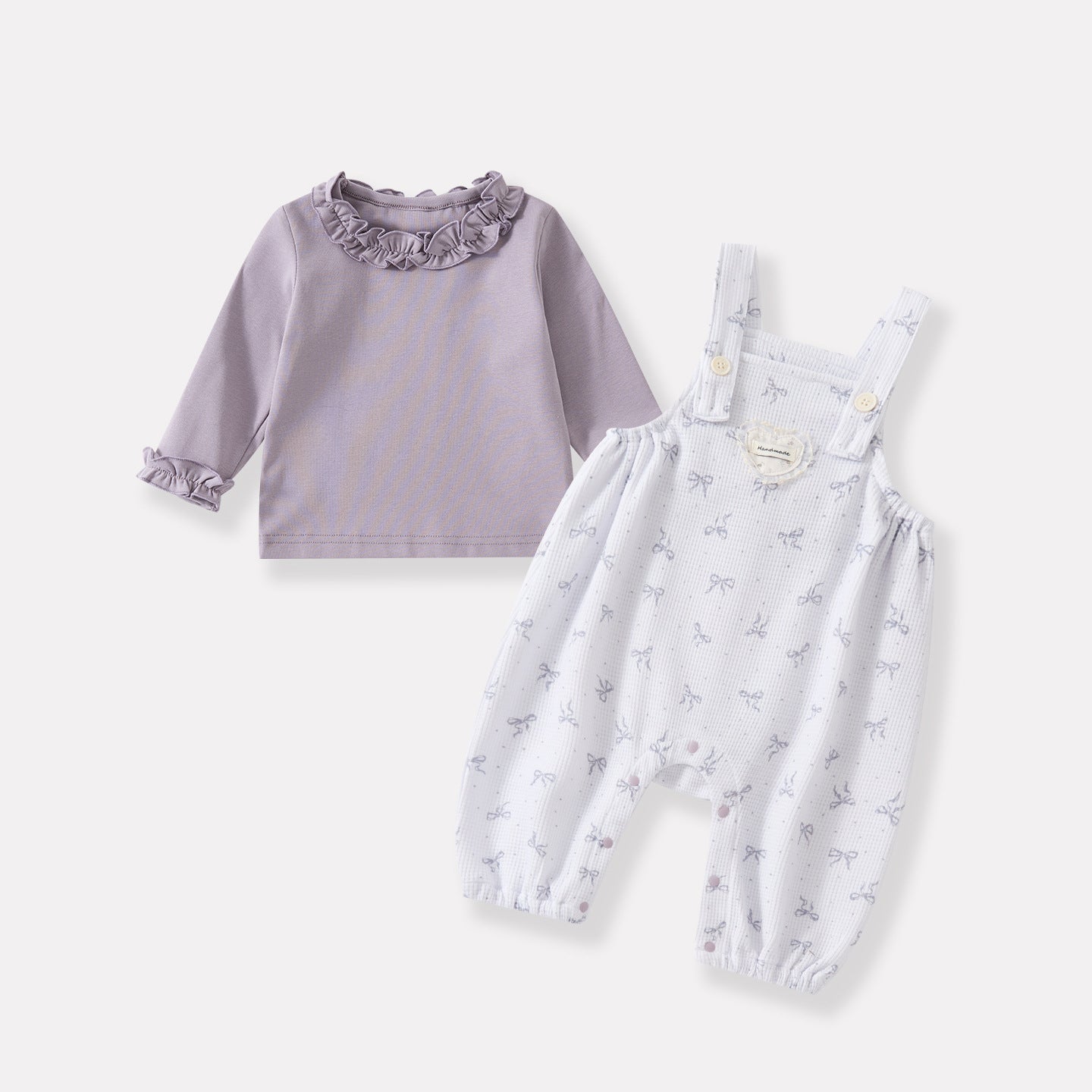 Long Sleeve Bodysuit with Bow Print Knit Overalls Set for Autumn