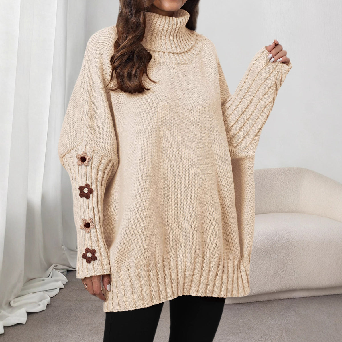 Damen-Strickpullover, einfarbig, hoher Ausschnitt mit Umlegekragen, locker gewebtes Pullover-Top