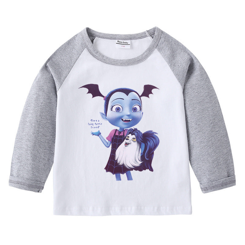 Children's pure cotton shoulder T-shirt with round neck and long sleeves