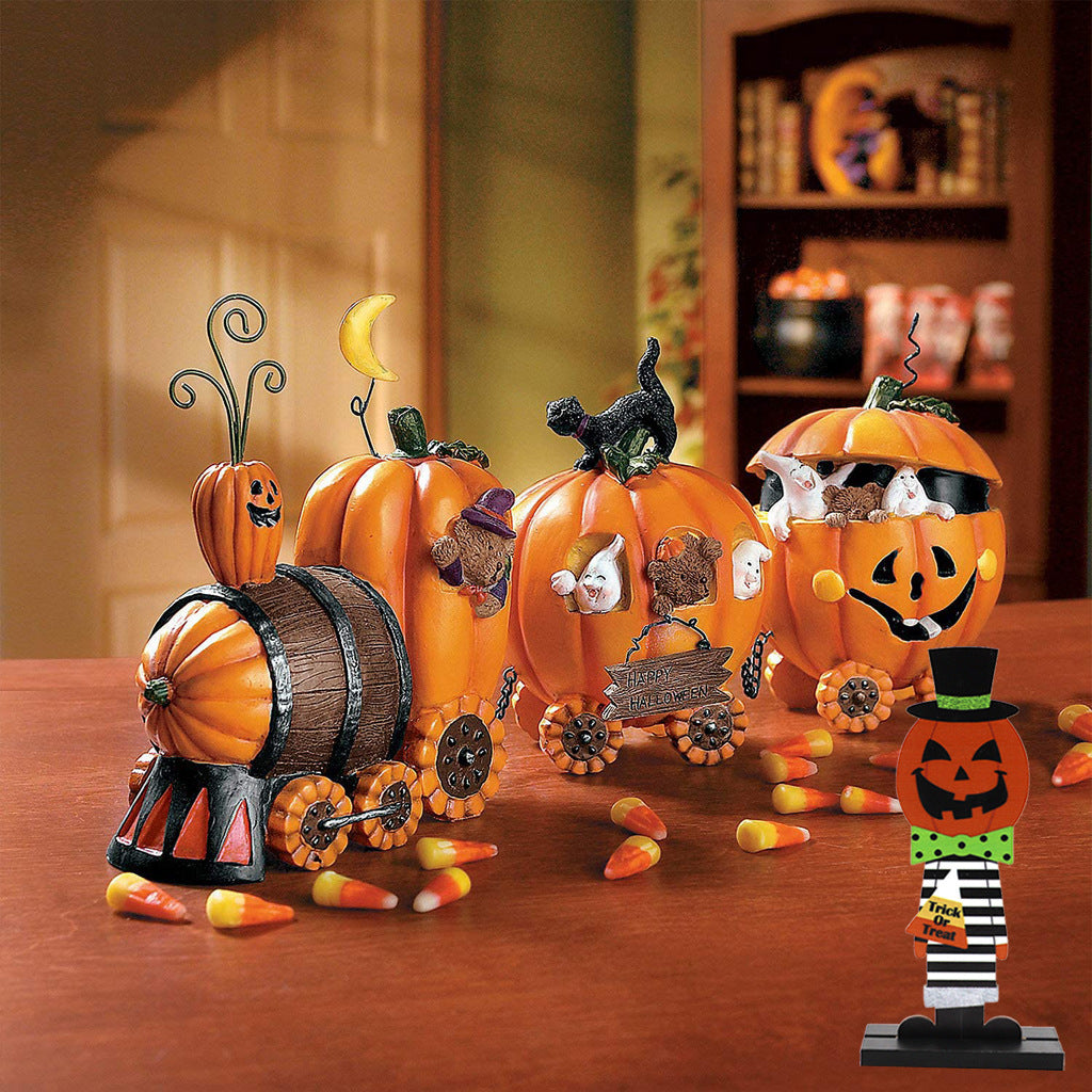 Halloween Tischdeko aus Holz mit Kürbismann und Hexe – Ansicht 5