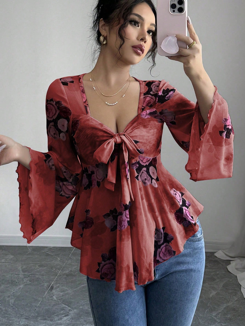 Sweet Floral Ombre Tie-Back Square Neck Long Sleeve Blouse