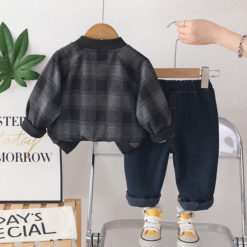 Spring and Autumn plaid long sleeved two-piece set