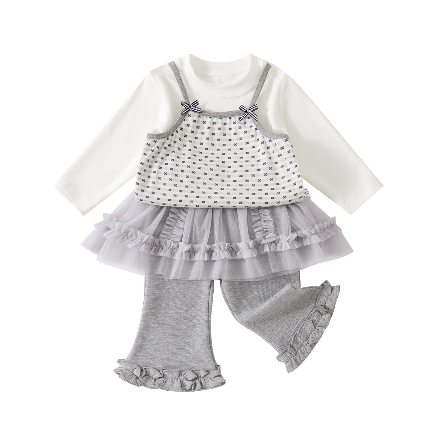 Personality Fake Two-Piece Printed Bodysuit Infant Mesh Diaper Cover Flared Pants Set