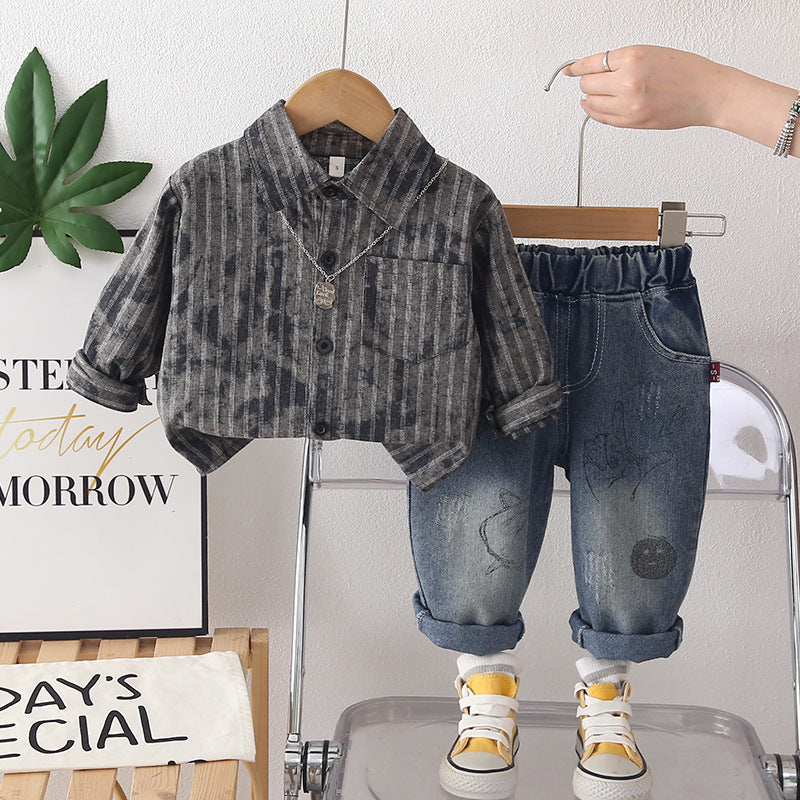 Spring and Autumn striped shirt long sleeved two-piece set