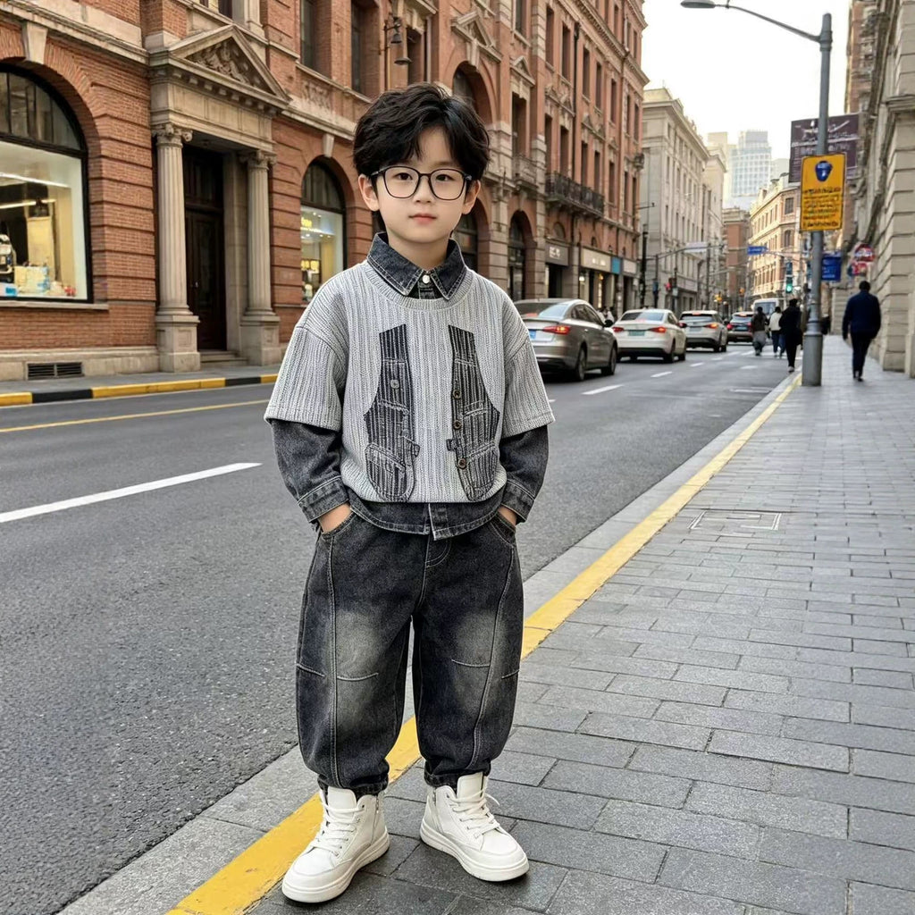 Children's printed vest long sleeved three piece set