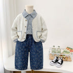 Children's clothing spring and autumn cardigan shirt three piece set