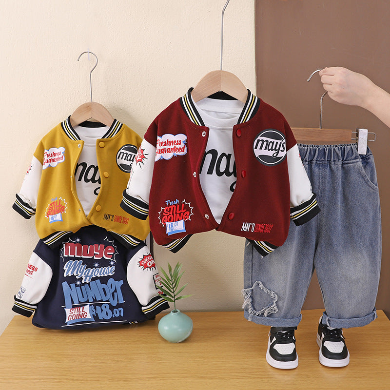 Three piece set of letter baseball uniforms for children's clothing in spring and autumn