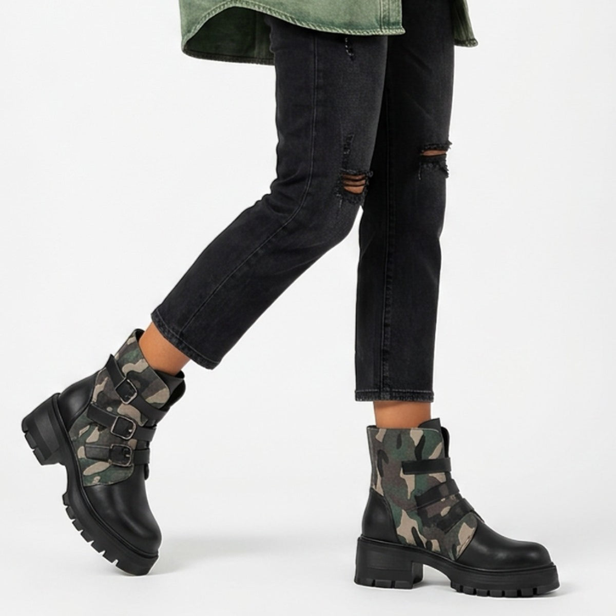 High Heel Stiefeletten mit Blockabsatz, Schnalle und Camouflage für Damen