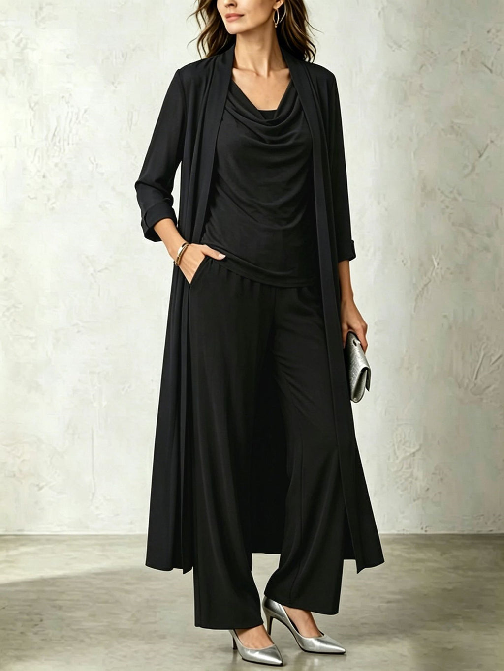 Long sleeved swing collar top long cardigan jacket long pants three piece set