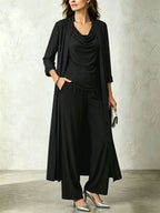 Long sleeved swing collar top long cardigan jacket long pants three piece set