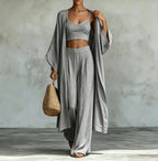 Loose cardigan short strap high waist wide leg pants set