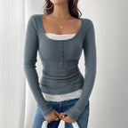 Fashion Simple Round Neck Lace Panel Single Button Slim Fit Long Sleeve Top