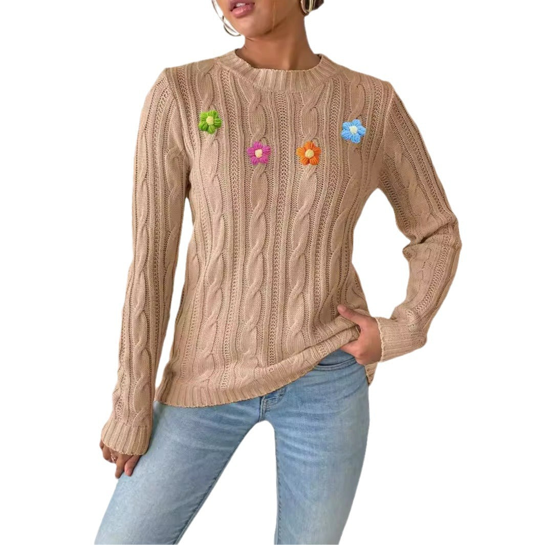 Damen-Top mit Rundhalsausschnitt, Pullover mit einfacher handgehäkelter Blumen-Applikation, gewebter Pullover