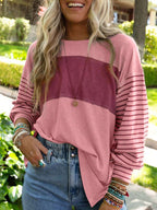 Women's casual color-blocked striped long sleeve round neck pullover t-shirt