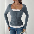 Fashion Simple Round Neck Lace Panel Single Button Slim Fit Long Sleeve Top