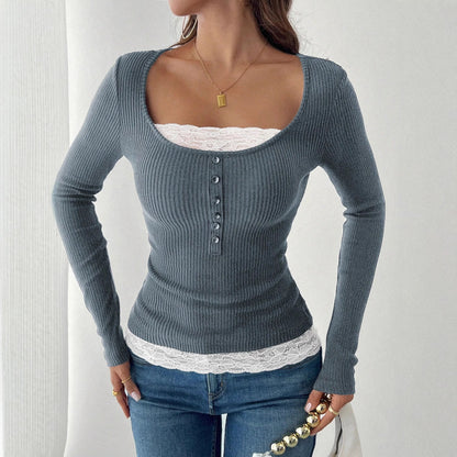 Top Rundhals mit Spitzeneinsatz, Slim-Fit