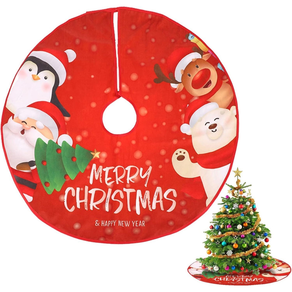 Runde rote Christbaumdecke aus Flanell mit Weihnachtsmotiven