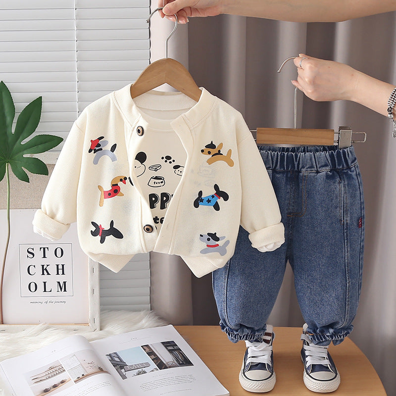 Children's cartoon cardigan long sleeved three piece set
