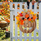 Halloween Wooden Pumpkin Door Sign with Artificial Flowers, Autumn Window Home Decorative Hanging Ornament