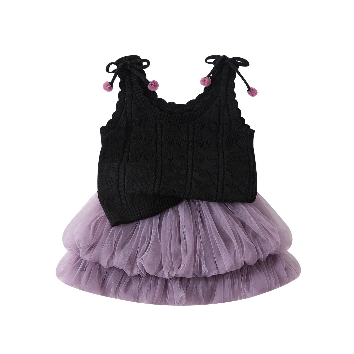 Bow Knit Vest and Mesh Skirt Two-Piece Set for Baby Girls Casual Cool Style