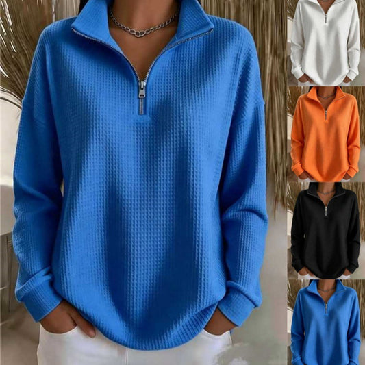 Waffelstrick-Sweatshirt mit Reißverschluss, einfarbig
