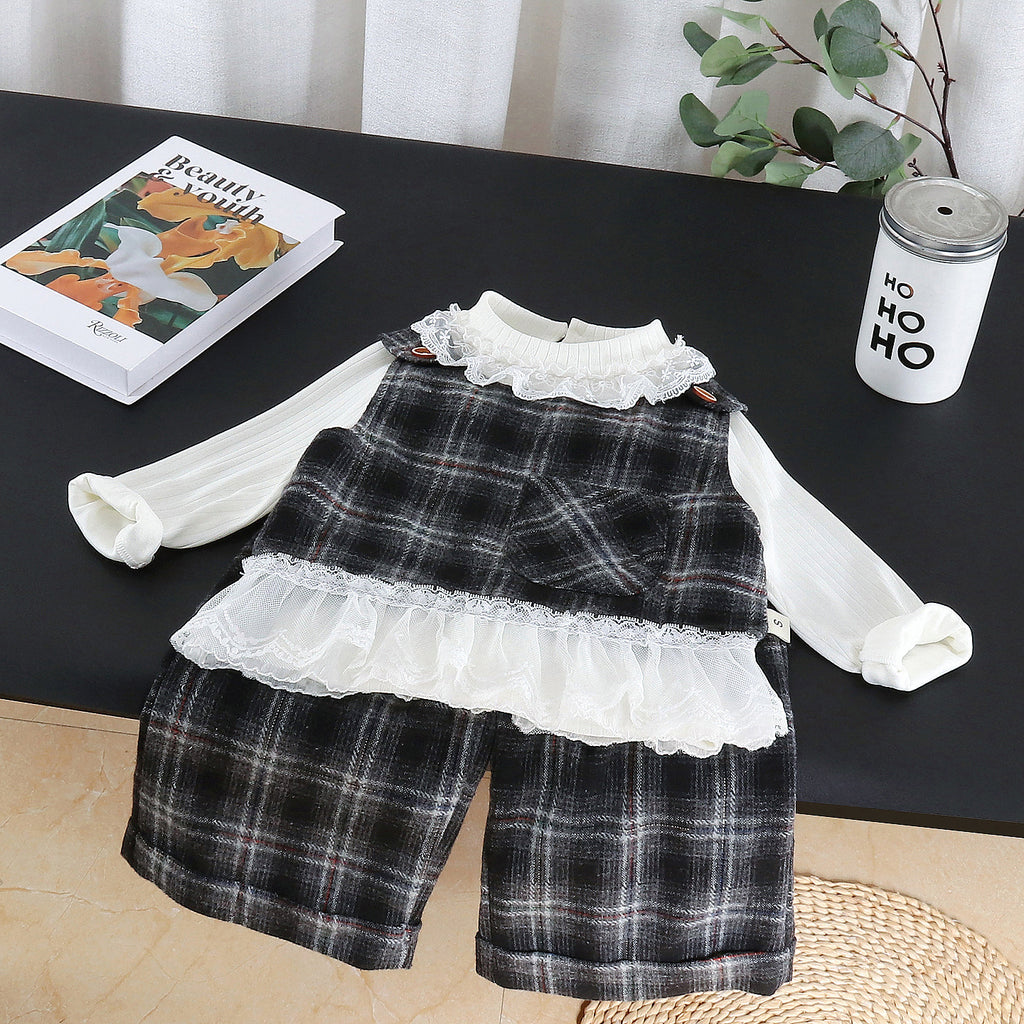 Baby girl's spring and autumn clothes plaid vest three piece set