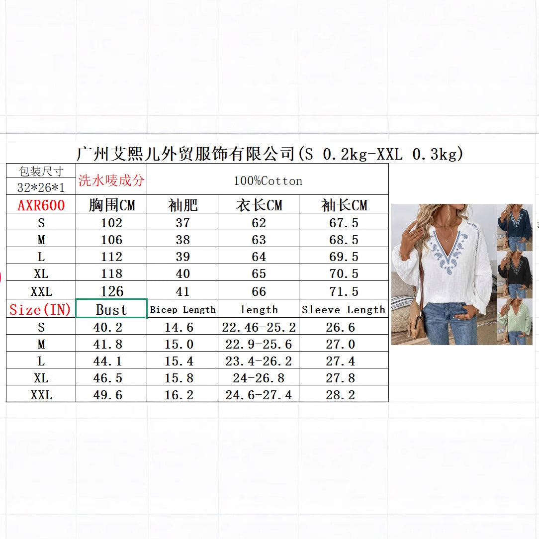 Ethnic Style Fashion Design V-Neck Embroidered Pure Cotton Top for Women