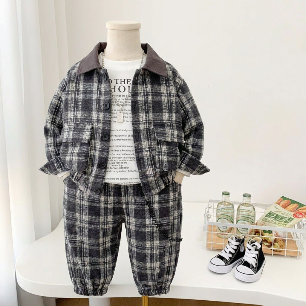 Casual collar plaid long sleeved three piece set
