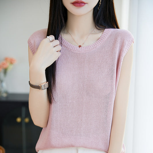 Ärmelloser Rundhals Pullover Unifarben