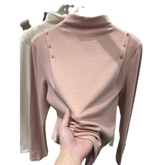 Zweiseitiges Samt-Longsleeve mit halbhohem Kragen für Damen, vielseitiges Unterziehshirt