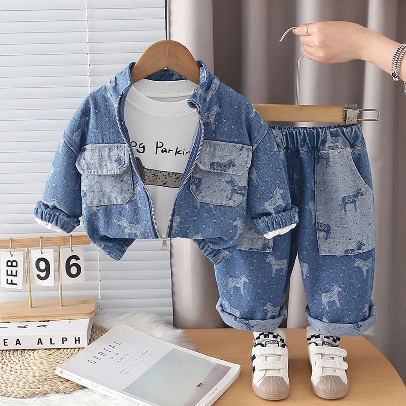 Baby Spring and Autumn Season Baby Children's Cowboy Long Sleeve Three Piece Set