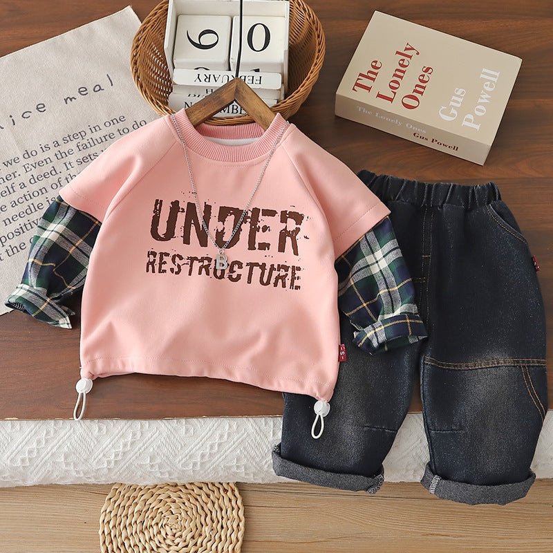 Long sleeved hoodie two-piece set for babies in spring and autumn