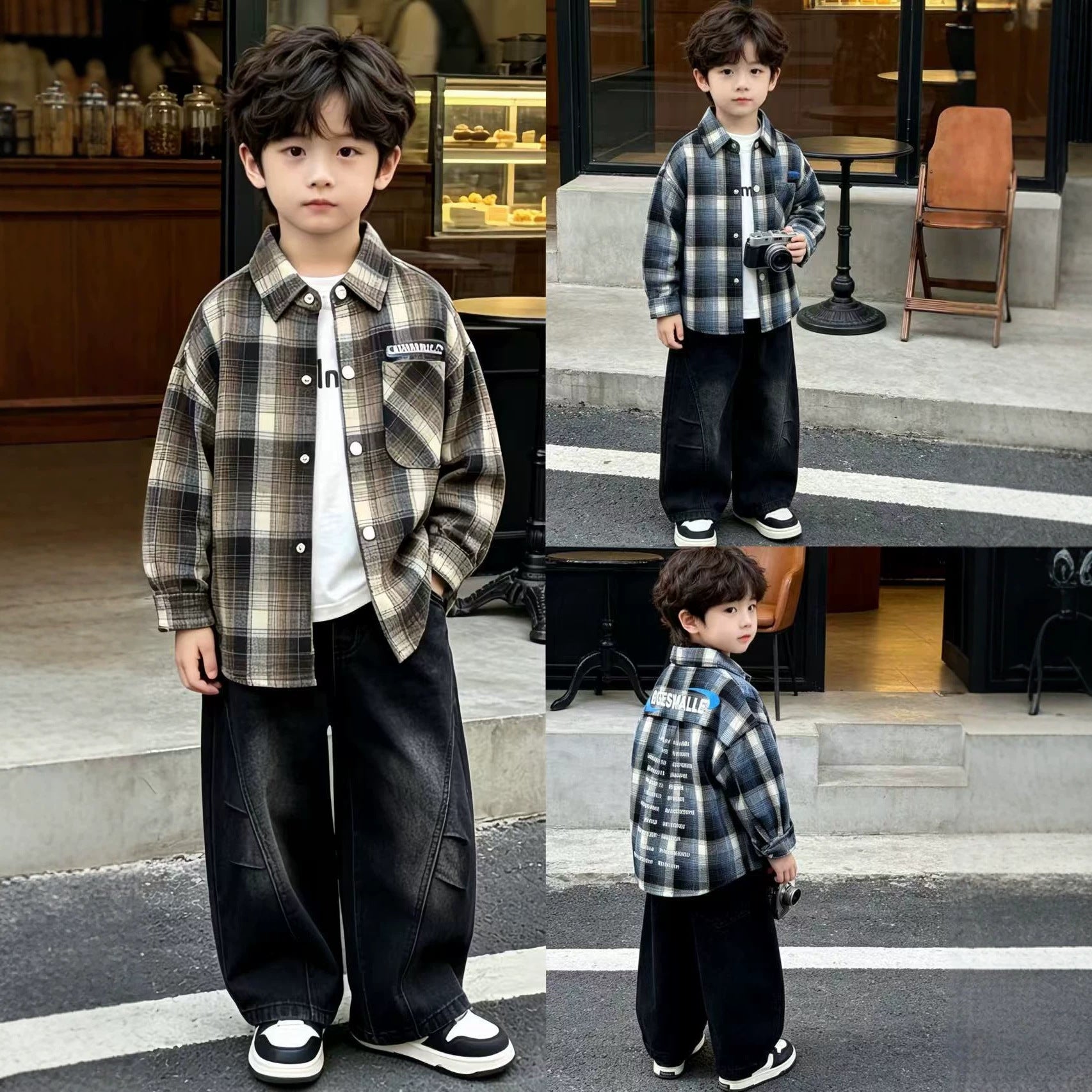 Small and medium-sized children's checkered shirt long sleeved three piece set
