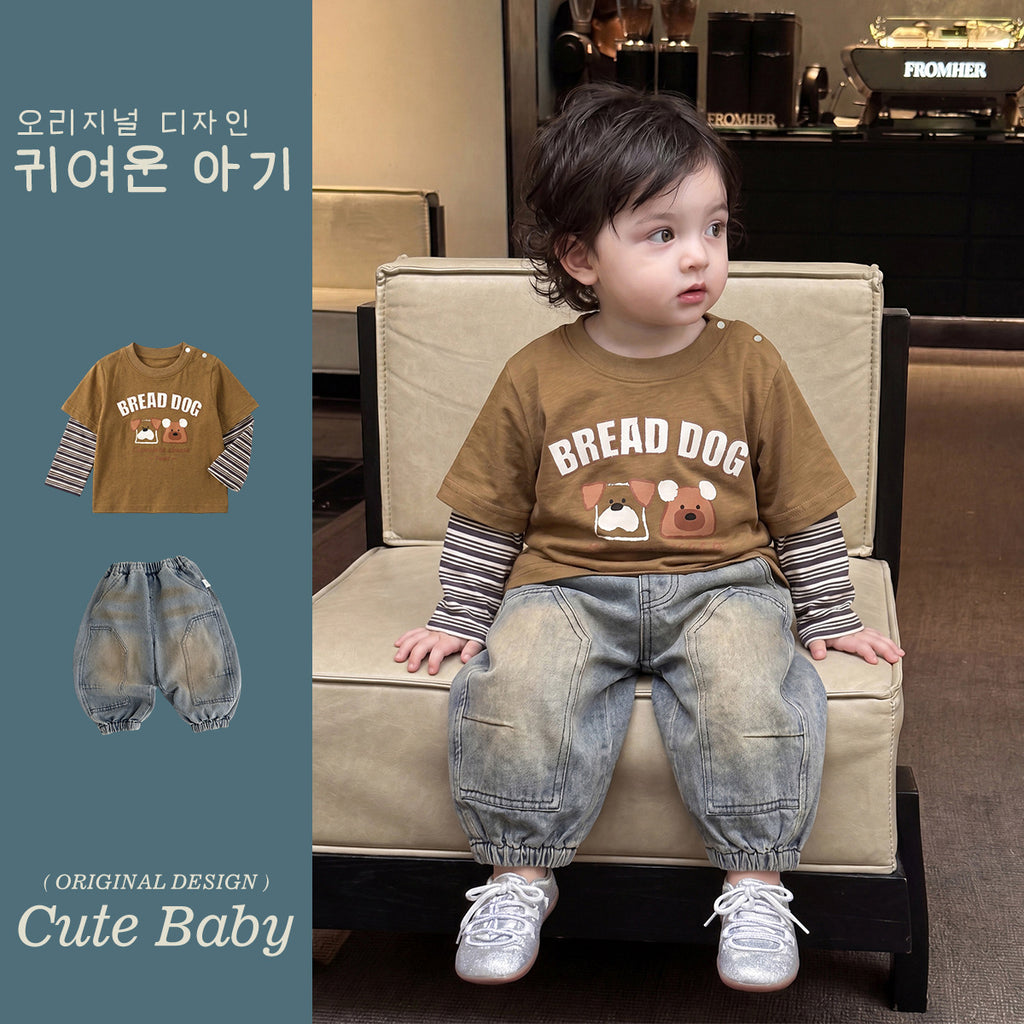 Two-Piece Striped Top Retro Denim Pants Two-Piece Set Wear