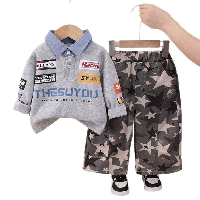 Baby boy casual long sleeved polo shirt two-piece set