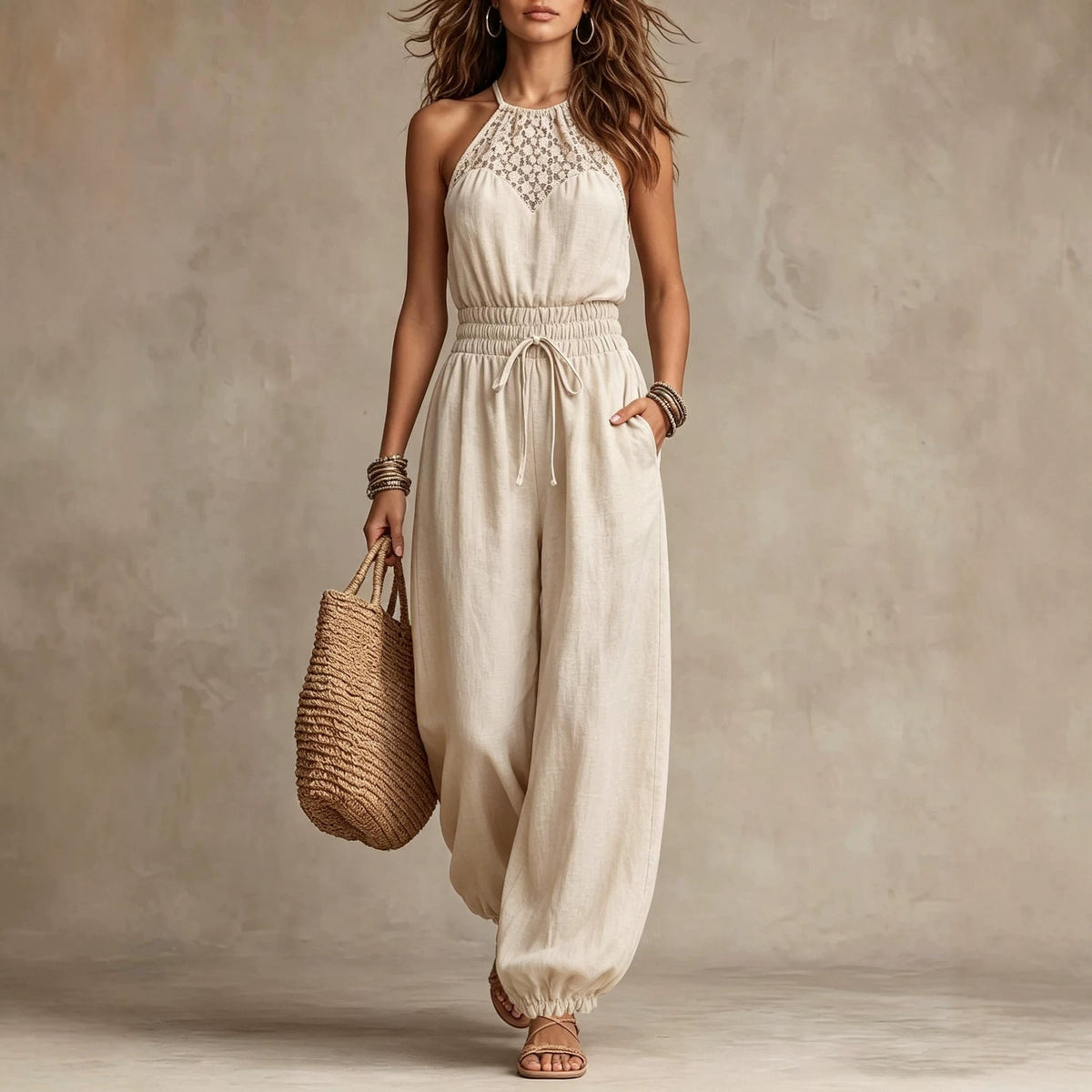 Bohemian Neckholder-Jumpsuit mit Spitze für den Strandurlaub, Bindeband-Taille und Beinabschluss mit Bündchen
